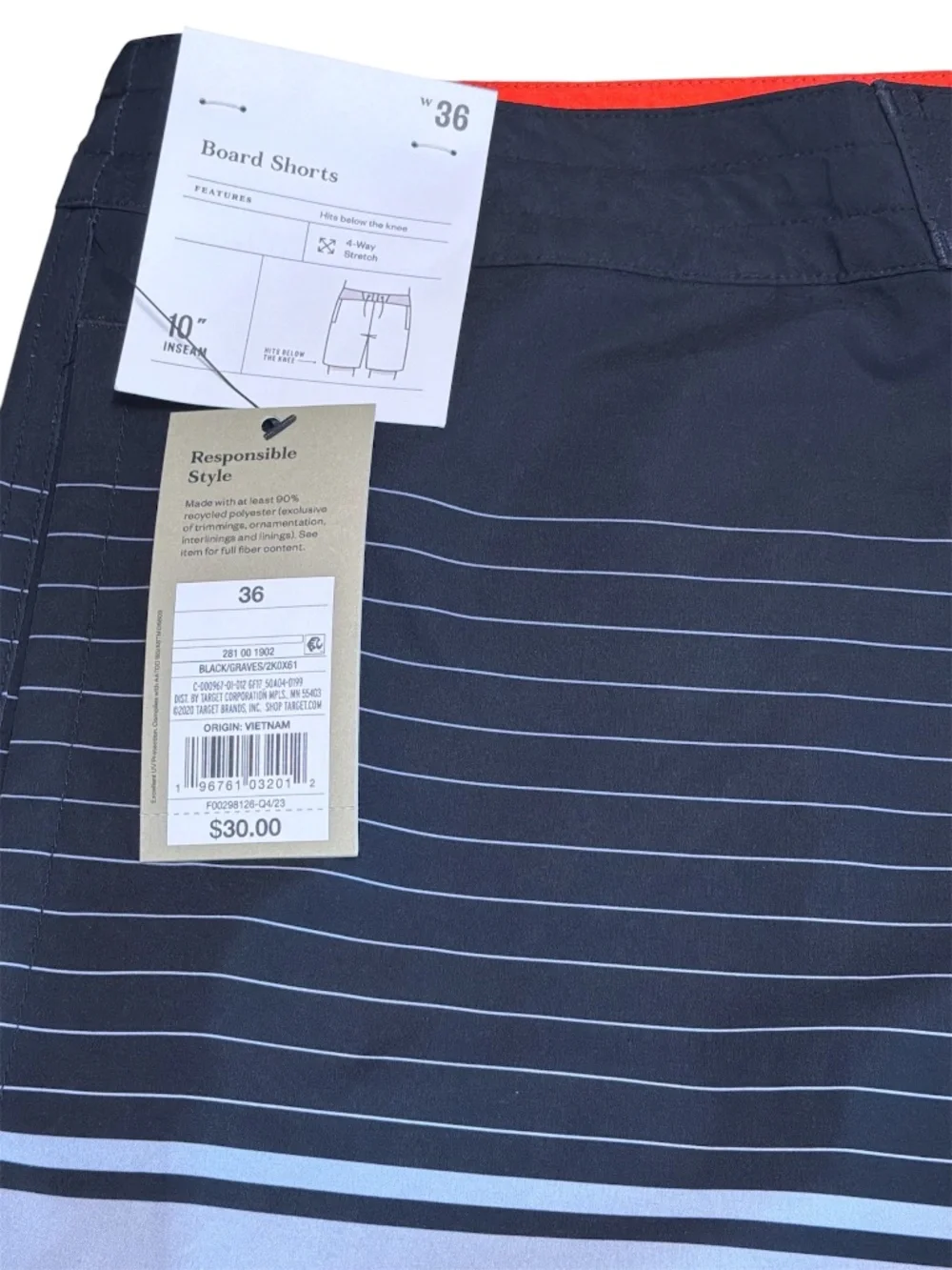 Goodfellow & Co Black White Stripe Board Shorts Mens 36 NWT Swim Trunks